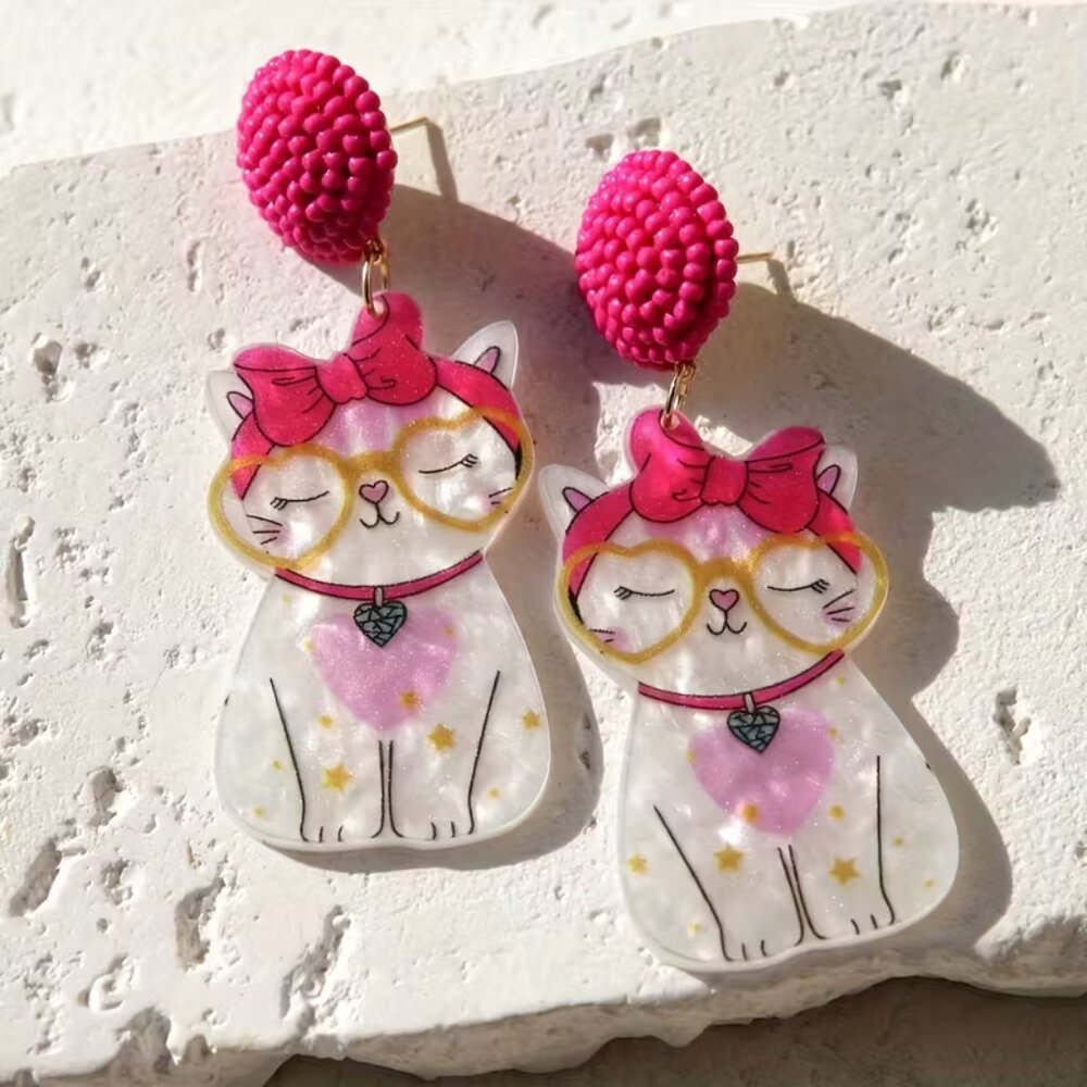 Pink “Kitty Cat Headband” Beaded Statement Dangle Earrings (BRAND-NEW & SO CUTE)